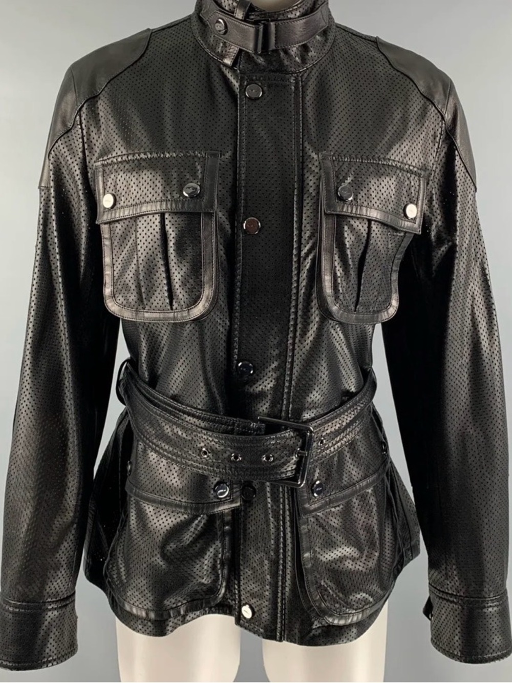 RALPH LAUREN Women's Black Perforated Leather Belted Jacket